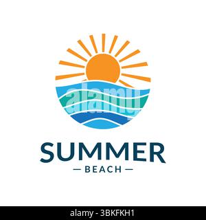 Stilvolles Sommerstrand-Logo mit strahlender Sonne und Meereswellen Stock Vektor