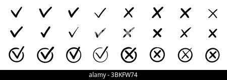 Häkchen-Symbol-Set aktivieren. Kreuzfeld x Häkchen Kontrollkästchen V Liste Vektor Zeichnung handgezeichnet Skizze Kritzelpinsel Marker Checkliste Symbol falscher rechter Kreis. Vektorabbildung Stock Vektor