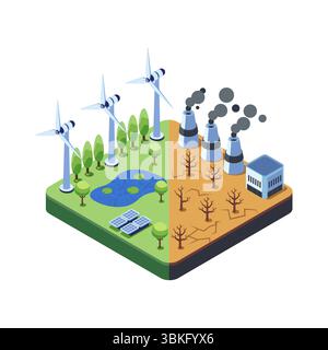 Isometrischer Klimawandel, der erneuerbare Energien vs. Industrielle Verschmutzung zeigt. Klimaschutzkonzept Stock Vektor