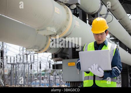 Ein Ingenieur, der mit einem Laptop im Kraftwerk arbeitet und große industrielle Rohre und Geräte in Schutzhelm und -Weste inspiziert, die sich auf Wartung und Wartung konzentrieren Stockfoto