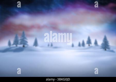 Flache Designszene mit rollenden Schneewehungen und immergrünen Clustern unter dem farbenfrohen Abendhimmel Stockfoto