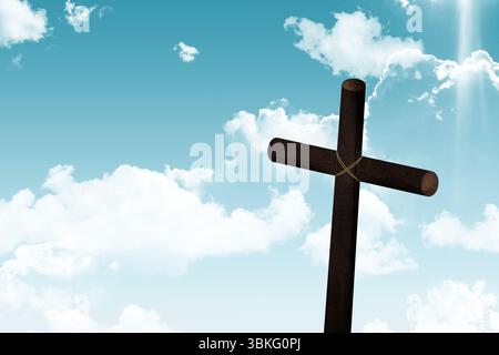 Dunkelbraunes Holzkreuz steht in flachem Design vor dem leuchtenden Himmel mit Seilen und Wolken Stockfoto