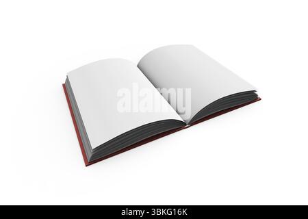 Das 3D-Rendering zeigt ein offenes Buch flach auf weißem Hintergrund mit leeren gekrümmten Seiten Stockfoto