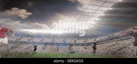 Flaches Design für männlichen Fußball-Vorwärtslauf unter Flutlichtern auf den Tribünen, das Rasenpartikel abstößt Stockfoto