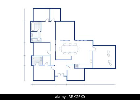 Der architektonische Grundriss ist im Bauplan dargestellt, mit Esstisch, Herd und Armaturen Stockfoto