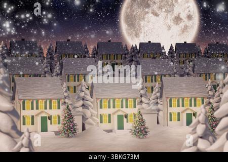 Flaches Design mit schneebedeckten Häusern mit geschmückten Weihnachtsbäumen unter Sternenhimmel Stockfoto