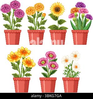 Lebendige Vektor-Illustration von verschiedenen Topfblumen mit detaillierten Blättern und Blütenblättern, die eine Vielzahl von Farben und Stilen zeigen Stock Vektor