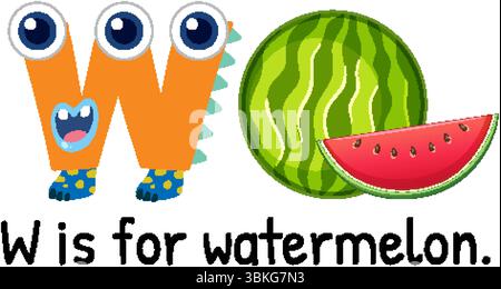 Bunte Vektor-Illustration des Buchstaben W als Zeichentrickfigur mit einer Wassermelone. Helles, verspieltes Design für den Bildungsbereich Stock Vektor