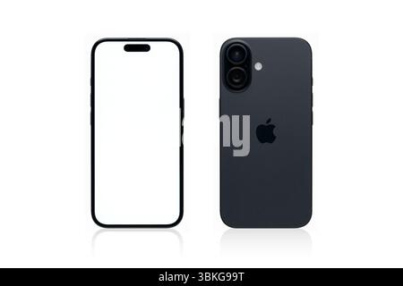 Antalya, Türkei - 16. Juni 2025: Vorder- und Rückansicht des neuen schwarzen iPhone 16-Smartphones auf weißem Hintergrund Stockfoto