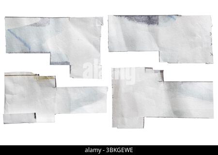 Weißes Papier mit Tintenflecken, das in abstrakte geometrische Formen geschnitten und als Textbox-Hintergrund auf weißem Hintergrund mit Beschneidungspfad verwendet wird Stockfoto
