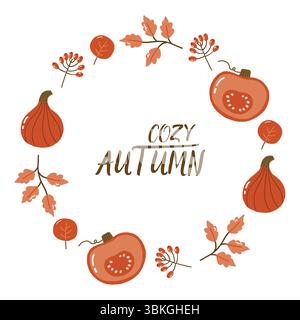 Herbstlicher runder Rahmen, herbstlich gemütlich, Design für Poster, Banner, Grußkarten, Aufkleber Stock Vektor
