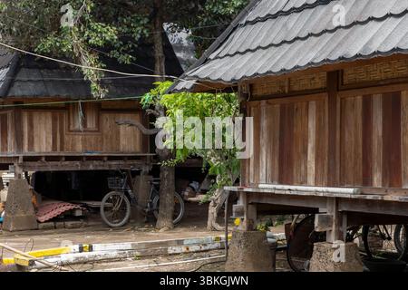 Kleines Haus mit Strohdach auf einem Feld. Das Haus ist von Bäumen umgeben und hat einen Holzboden Stockfoto