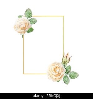 Rosen Pfirsich und Gold, vertikaler Rahmen, Aquarell. Hand gezeichnete Vektor-Illustration von Pastellblumen. Für Geburtstagsgrußkarten, Valentinstag Stock Vektor