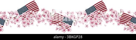 Nahtlose Grenze mit Sakura-Blumen und der US-Flagge. National Cherry Blossom Festival. Flaggentag. Kleine rosa Blüten. Blühender Sakurazweig Stockfoto
