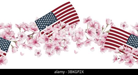 Nahtlose Grenze mit Sakura-Blumen und der US-Flagge. National Cherry Blossom Festival. Flaggentag. Kleine rosa Blüten. Blühender Sakurazweig Stockfoto
