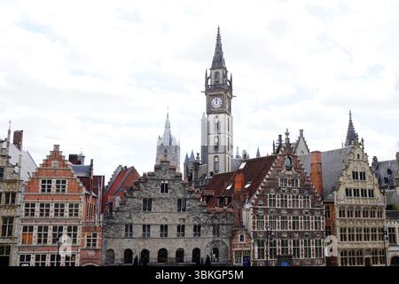 Clock Tower und Gildenhäuser, Gent, Belgien Stockfoto