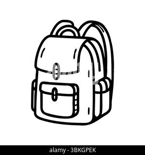 Eine einfache Linienzeichnung eines Rucksacks mit einer Vordertasche und zwei Seitentaschen. Das Design ist minimalistisch und für verschiedene Anwendungen geeignet. Stock Vektor