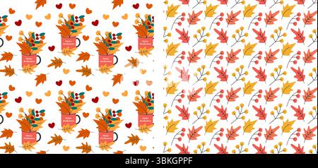 Herbstlaub in Becher mit „Hello Herumn Text and Leaves“ und „Twig Seamless Pattern“ Herbst-Hintergrund. Isolierte Vektor-Illustration Herbst Feiertag Themenkarten Hintergrund Party Einladung oder Banner, Faltblatt Stock Vektor