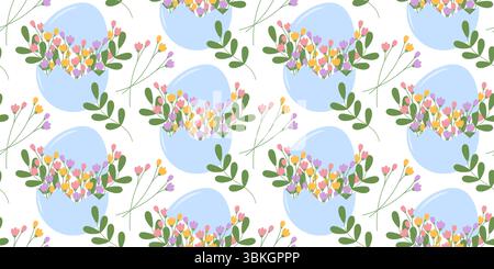 Handgezeichnetes Blumendesign in zerrissenen Eggshell- und Blütenzweigen nahtloses Muster mit Blumenhintergrund. Isolierte Vektor-Illustration, die festliche Frühlingsgrüßkarten wie Ostern oder Muttertag erstellt Stock Vektor