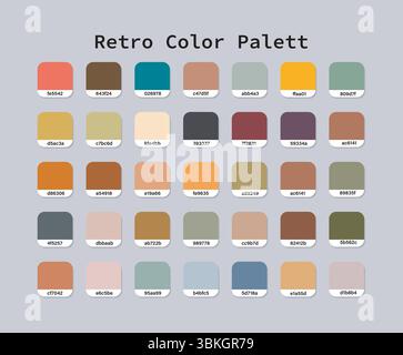 Eine stilvolle Farbpalette im Retro-Stil mit 30 einzigartigen Farbfeldern in warmen und gedämpften Vintage-Tönen. Perfekt für Grafikdesigner, Illustratoren, Stock Vektor