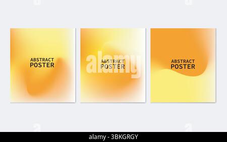 Set aus drei quadratischen abstrakten Postern mit glatten gelben und orangen Verlaufsgitterübergängen. Jedes Poster ist zentriert Stock Vektor