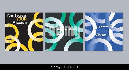 Modernes, quadratisches Poster-Set mit bunten, überlappenden Ringen mit auffälligem Motivationstext. Perfekt für Corporate Branding, Präsentationen, mA Stock Vektor