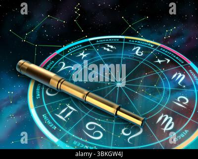 Rad des Zodiakus und Teleskop über einem Himmelshintergrund. Digitale Illustration. Stockfoto