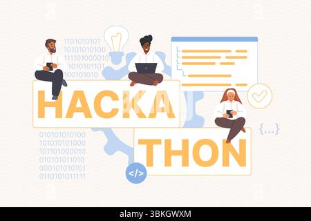 Hackathon Infografik-Banner oder Poster. Winziges Team von Programmierern, Webentwicklern, Designern, die an Softwareprojekten arbeiten, Menschen, die auf gelben Buchstaben von Hackathon Wort Cartoon Vektor Illustration sitzen Stock Vektor