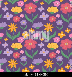 Colorul Blume Vektor nahtloses Muster. Abstrakte Wildblumen und Blätter handgezeichnetes Muster. Frühlingsblumenmuster für Textilien, Kinder, Stoffe und Dekor Stock Vektor