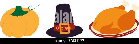 Herbstkürbis, Pilgermütze und gebratener Truthahn auf Teller Thanksgiving-Symbole Set mit flachen Designelementen. Isolierte Vektor-Illustration Herbstgruß Themenkarten, Party-Einladung oder Faltblätter, Banner, Etiketten Stock Vektor