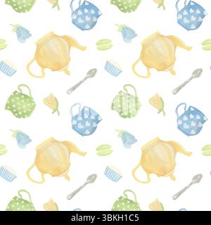 Nahtloses Aquarellmuster mit Teekannen, Tassen, Blumen, Löffeln, Macarons, und Cupcakes in Pastellfarben. Skurriler und gemütlicher Stil, ideal für die Küche Stockfoto