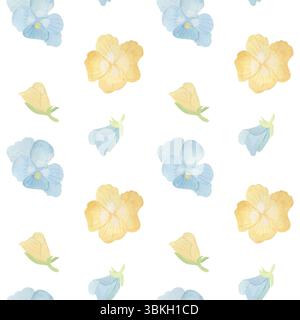 Nahtloses Blumenmuster mit abwechselnden blauen und gelben Blüten. Weiches, zartes Design, perfekt für Textilien, Geschenkpapier, Frühling Stockfoto