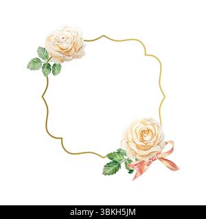 Pfirsichrosen und goldener Rahmen, Aquarelle. Hand gezeichnete Vektor-Illustration von Pastellblumen. Für Geburtstagsgrußkarten, Valentinstag, Hochzeit Stock Vektor
