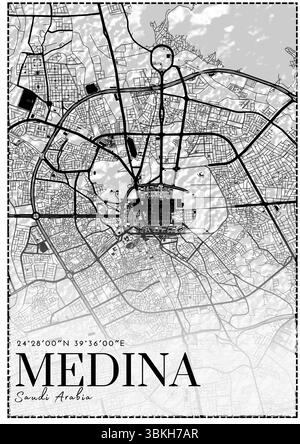Stadtplan Medina – Schwarzweiß Schwarzweiß-Poster mit Straßenlayout Stock Vektor