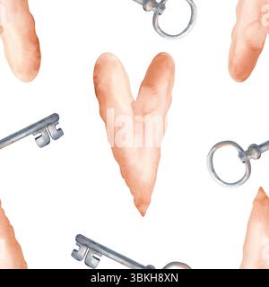 Aquarellhintergrund mit Symbolen der Liebe. Nahtloses Aquarellmuster mit schicken Herzen und eisernen Schlüsseln auf weißem Hintergrund. Valentinstag Stockfoto