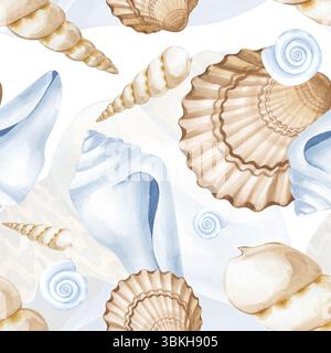 Ein zartes, nahtloses Muster mit verschiedenen Schalen in Blau, weiß und Braun. Aquarellhintergrund mit Muscheln. Eine Illustration für das Design Stockfoto