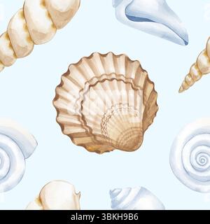 Nahtloses Aquarellmuster mit Muscheln auf hellem Hintergrund. Die Meeresillustration mit blauem Hintergrund ist handgezeichnet. Für Verpackung und Stockfoto