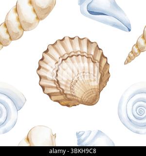 Nahtloses Aquarellmuster mit verschiedenen Muscheln auf weißem Hintergrund. Die Marine-Illustration wird von Hand gemacht. Zum Verpacken, Tapeten Stockfoto