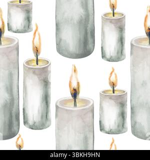 Verschiedene Aquarellkerzen auf weißem Hintergrund, handbemalt. Nahtloses Muster mit brennenden Kerzen. Aquarellabbildung. Nahtloser Hintergrund Stockfoto