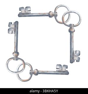 Ein quadratischer Rahmen aus handgemalten, Aquarell-alten Schlüsseln. Türschlüssel aus rostigem Eisen. Leerer Platz zum Einfügen. Eine Vorlage für Retro-Design Stockfoto