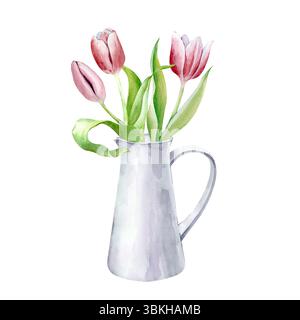 Ein Strauß rosafarbener Tulpen in einem weißen Krug wird von Hand gezeichnet. Eine Aquarellillustration mit Frühlingsblumen ist auf weißem Hintergrund isoliert. Für das Design Stockfoto