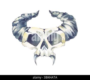 Ein handgezeichneter Schädel mit Hörnern eines Fantasy-Tieres auf weißem Hintergrund. Aquarelldarstellung eines Schädels mit scharfen Zähnen einer unbekannten Kreatur Stockfoto