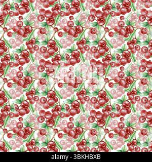 Nahtloses Aquarellmuster mit Beeren und Preiselbeerblättern, handgezeichnet auf weißem Hintergrund. Nahtloser Hintergrund mit roten Waldbeeren an Stockfoto