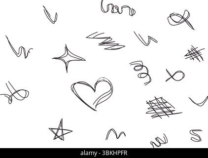 Zufällige Sammlung schwarzer handgezeichneter Symbole und Squiggles auf weißem Hintergrund mit Herzen, Sternen und abstrakten Formen. Vektorabbildung Stock Vektor