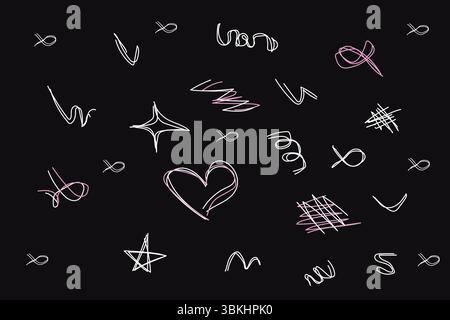 Handgezeichnete Neonkritzeleien mit Sternen, Herzen und zufälligen Quietschen auf schwarzem Hintergrund, mit einer lustigen und kreativen Atmosphäre. Vektorabbildung Stock Vektor