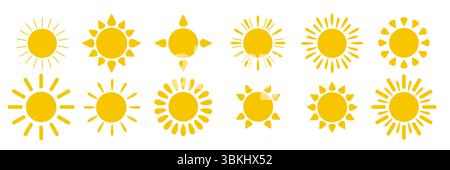 Eine Reihe von Sonnensymbolen auf weißem Hintergrund. Logo, Aufkleber mit dem Sonnenbild. Stock Vektor