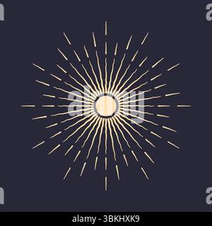 Eine Ikone mit Sonnenstrahlen auf dunklem Hintergrund. Ein Sonnenstrahl mit Linien. Retro-Logo in Form eines Kreises mit Radialstrahlen. Stock Vektor