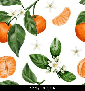 Nahtloses Muster mit Mandarinen. Weiße Zitrusblüten. Orangenfrüchte. Zweige mit Blättern und Mandarinenfrüchten. Aquarellabbildung ohne Stockfoto