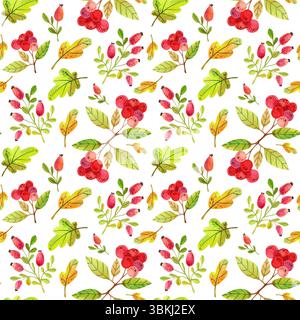 Nahtloses Muster mit Aquarellblättern und Beeren auf weißem Hintergrund. Handgezeichnete Illustration für Ihr Design, Ihren Druck, Ihr Textil Stockfoto