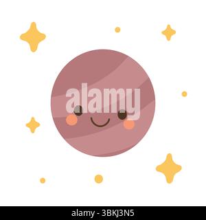 Lächelnder brauner Planet-Cartoon mit sanften Wirbeln und gepunktetem Weltraumhintergrund. Perfekt für Themen des Sonnensystems, kosmische Kunst und pädagogische Designs Stock Vektor